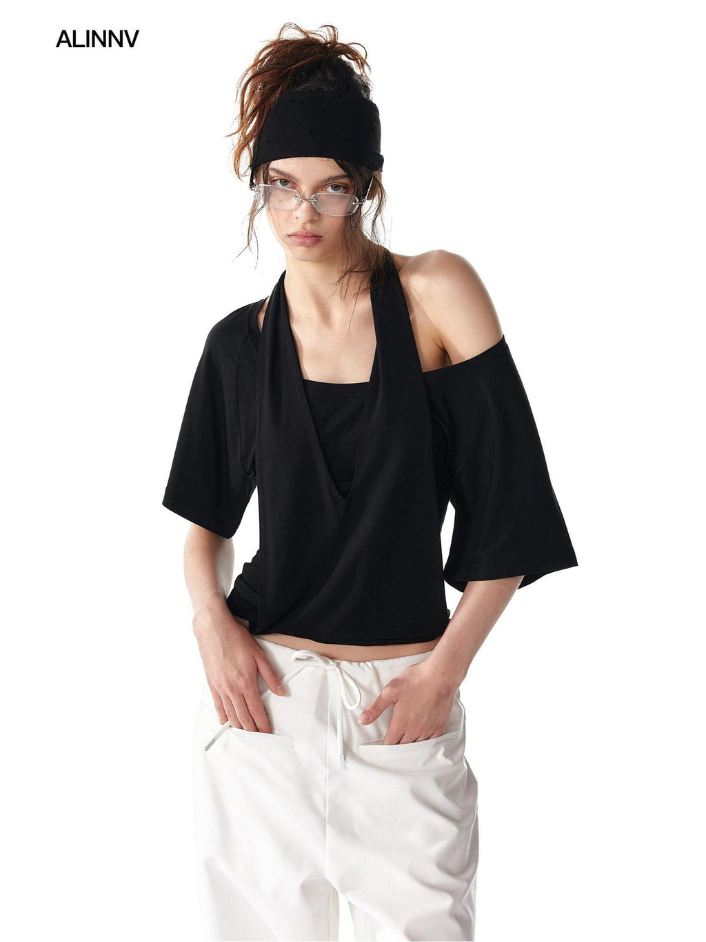 ALINNVSTUDIO Backless Slim Fit Modal Stretch Pullover Short Solid Color Halter Crop Tops
