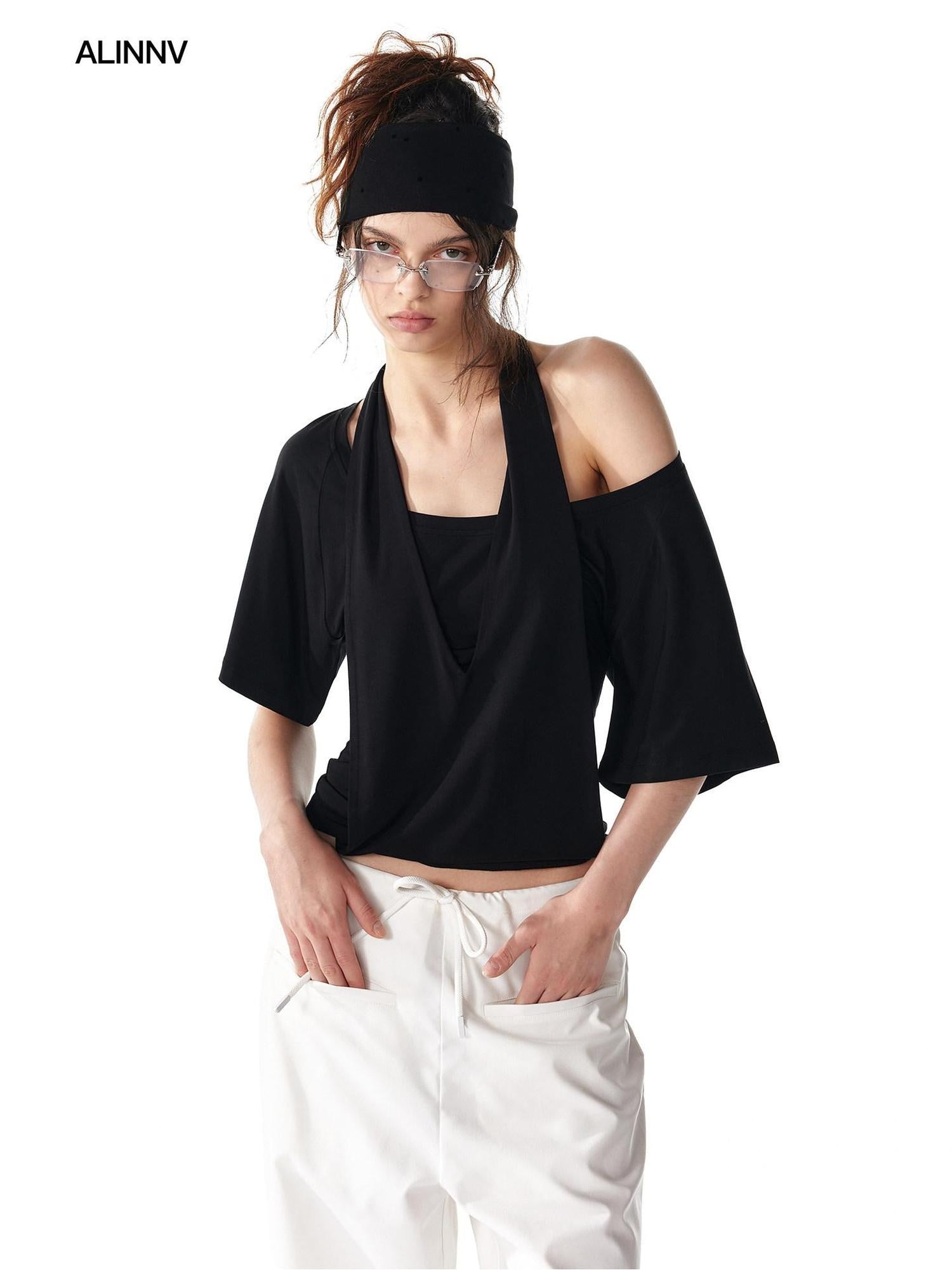 ALINNVSTUDIO Backless Slim Fit Modal Stretch Pullover Short Solid Color Halter Crop Tops