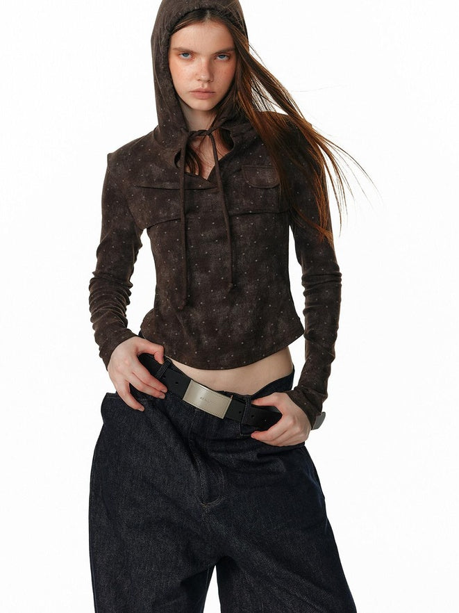 ALINNVSTUDIO Tie Detail Cropped Polka Dot Hooded Pullover Long Sleeve Women Grey Brown Hoodie