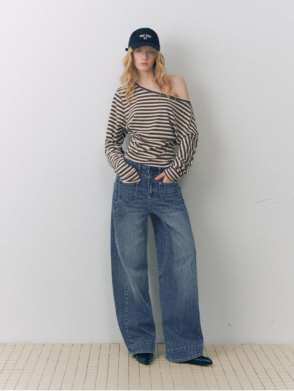 DeleteEx Cityscape Chic Loose Fit Natural Waist Button Fly Blue Women Wide Leg Jeans