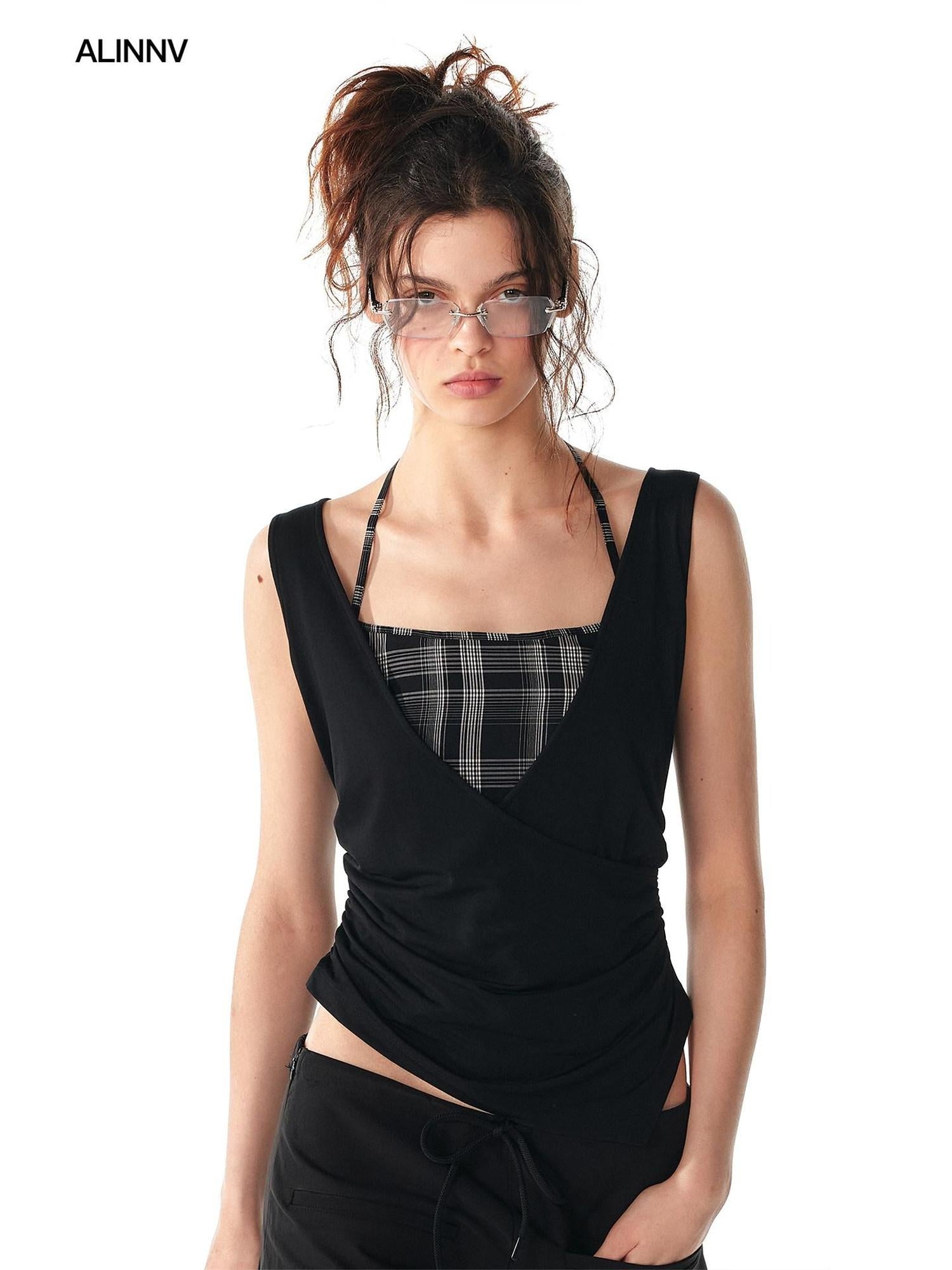 ALINNVSTUDIO Original Patchwork Design Slim Fit Modal Stretch Strappy Youth Black Tank Tops