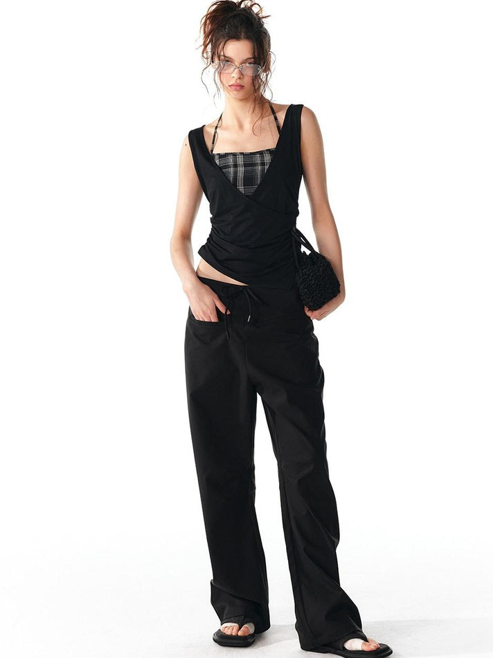 ALINNVSTUDIO Original Patchwork Design Slim Fit Modal Stretch Strappy Youth Black Tank Tops