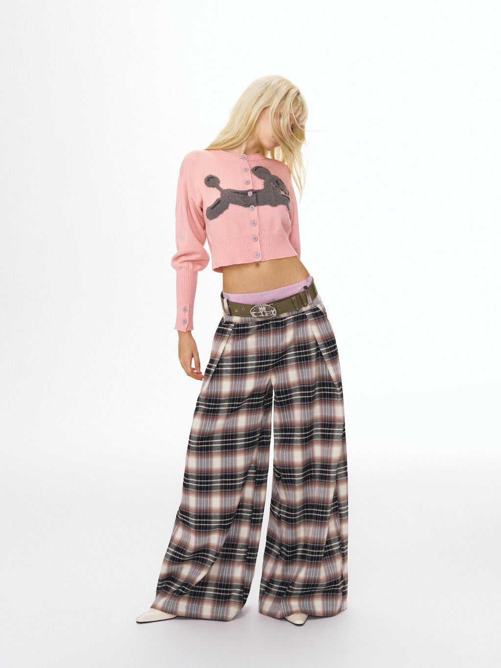 Double Waist Zipper Natural Waist Relaxed Plaid Polyester Stretch Wide Leg Pants