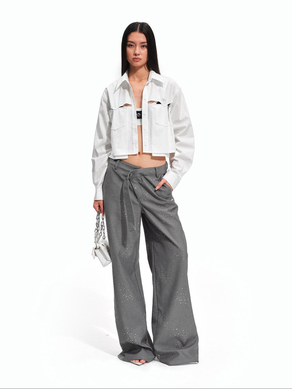 NAWSNOTAWEAR Rhinestone Low Rise Relaxed Women Button Closure Mist Gray Wide Leg Pants