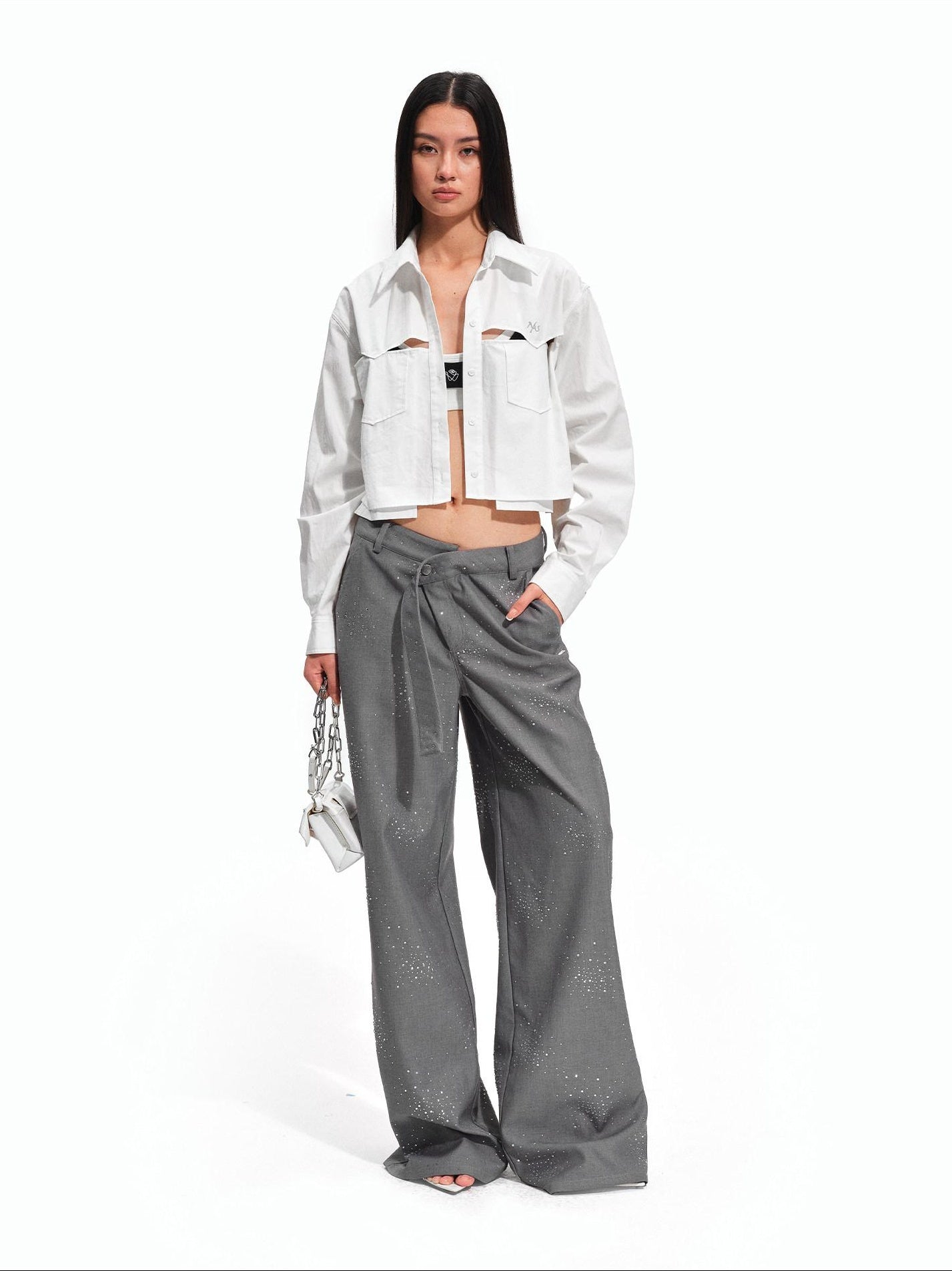 NAWSNOTAWEAR Rhinestone Low Rise Relaxed Women Button Closure Mist Gray Wide Leg Pants