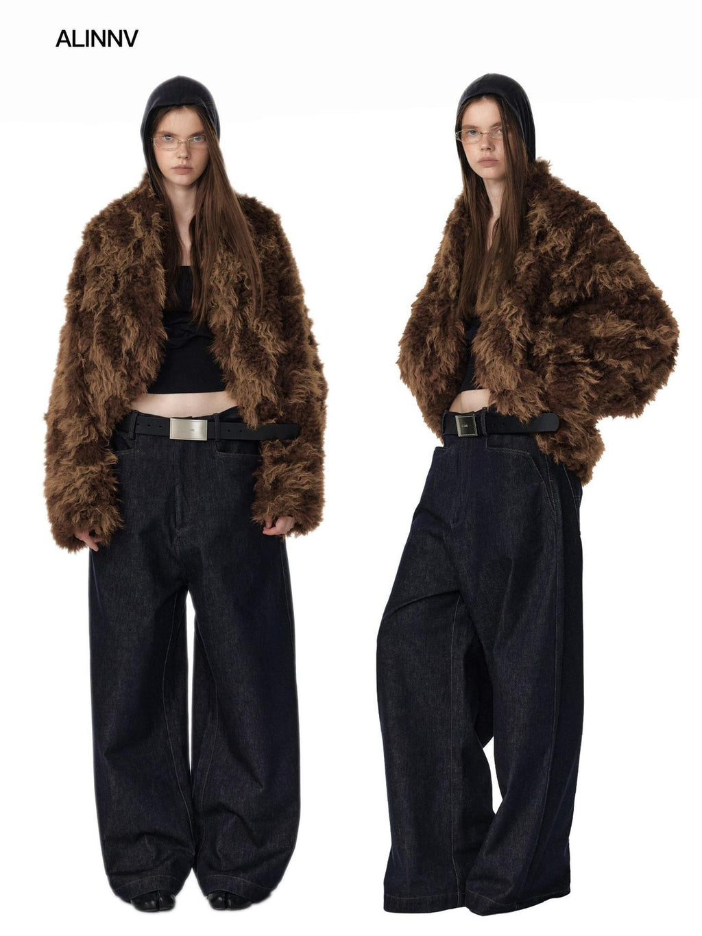 ALINNVSTUDIO Faux Fur Cropped Oversized Workwear Women Floral Pattern Leather Jackets