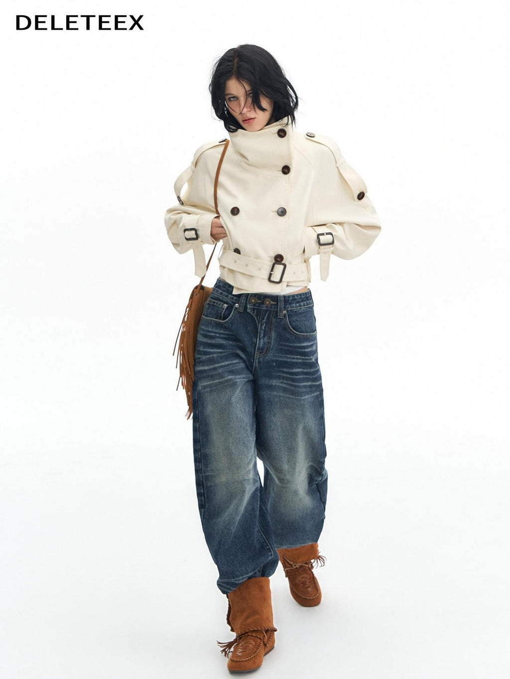 DeleteEx Cotton Blend Stand Collar Short Double Breasted London Off White Trench Coats