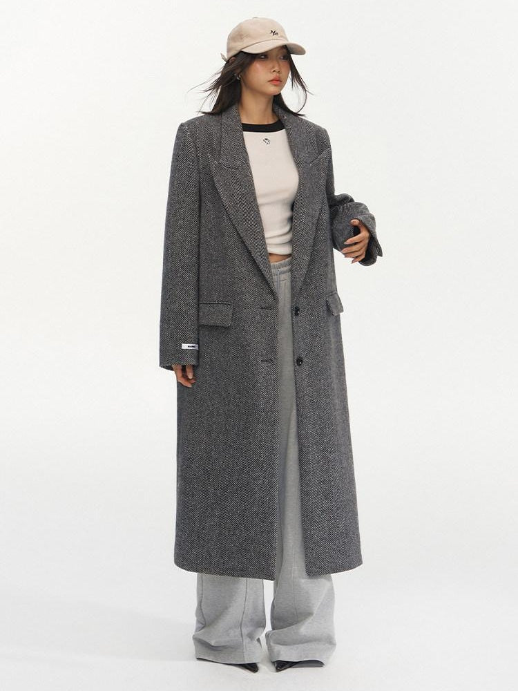 NAWSNOTAWEAR Herringbone Wool Blend Loose Fit Blazer Collar Women Single Breasted Wool Coats
