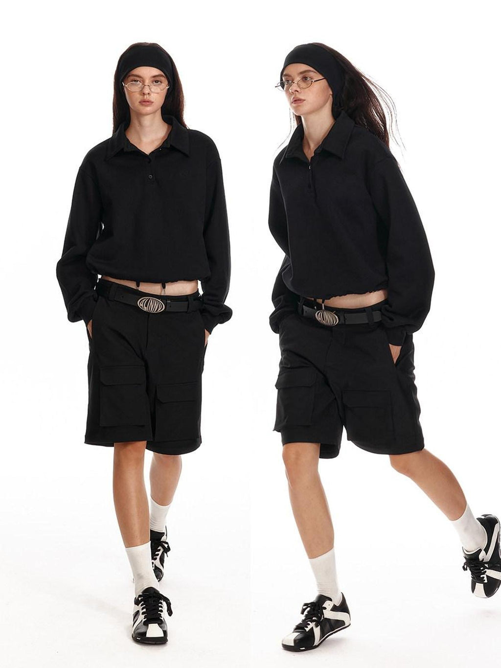 ALINNVSTUDIO Cropped Loose Fit Polo Collar Long Sleeve Commuter Solid Color Sweatshirt