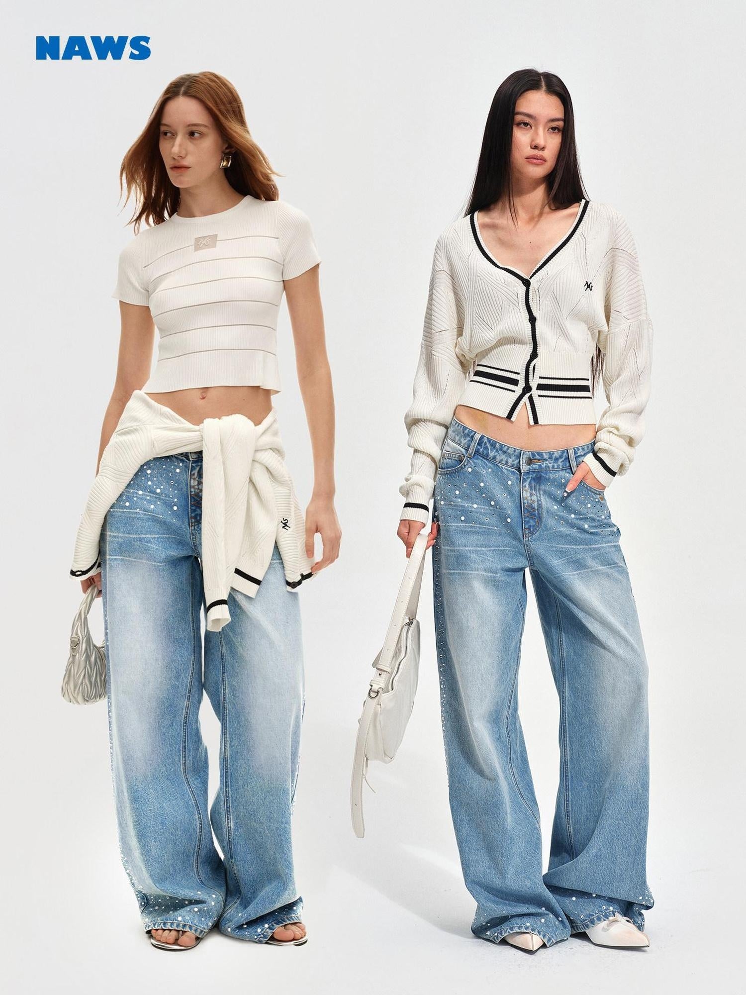 NAWSNOTAWEAR Rhinestone Embellished Vintage Low Waist Glacier Blue Wide Leg Jeans