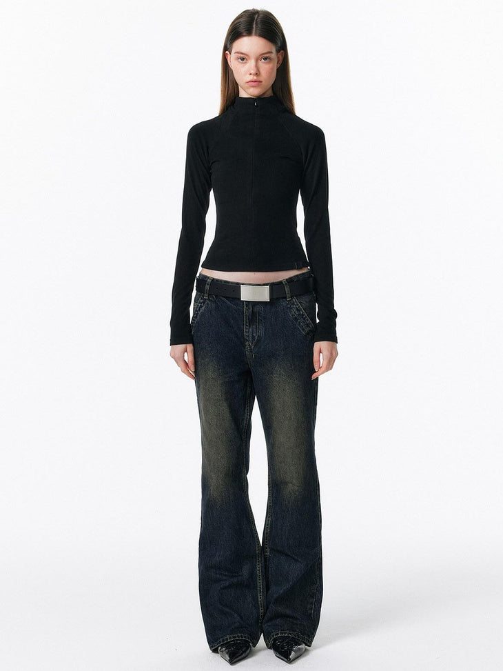 ALINNVSTUDIO Zip Half Collar Slim Commuter Ladies Black Olive Long Sleeve T-Shirts