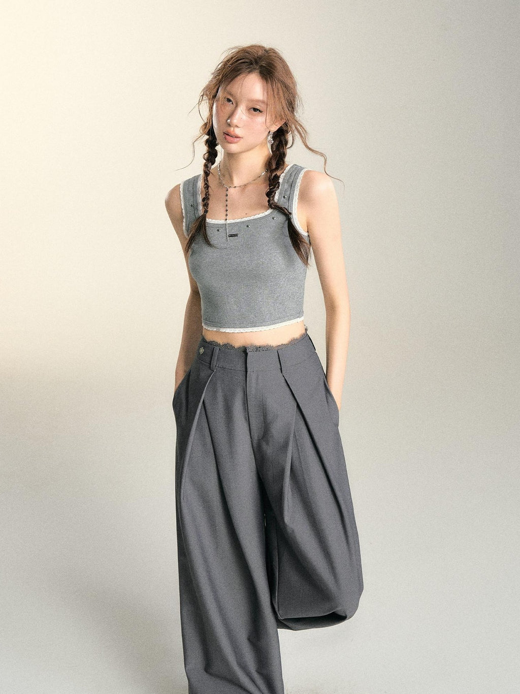 SOMESOWE Casual Lace Trim Patchwork Pocket Relaxed Natural Waist Women Wide Leg Pants