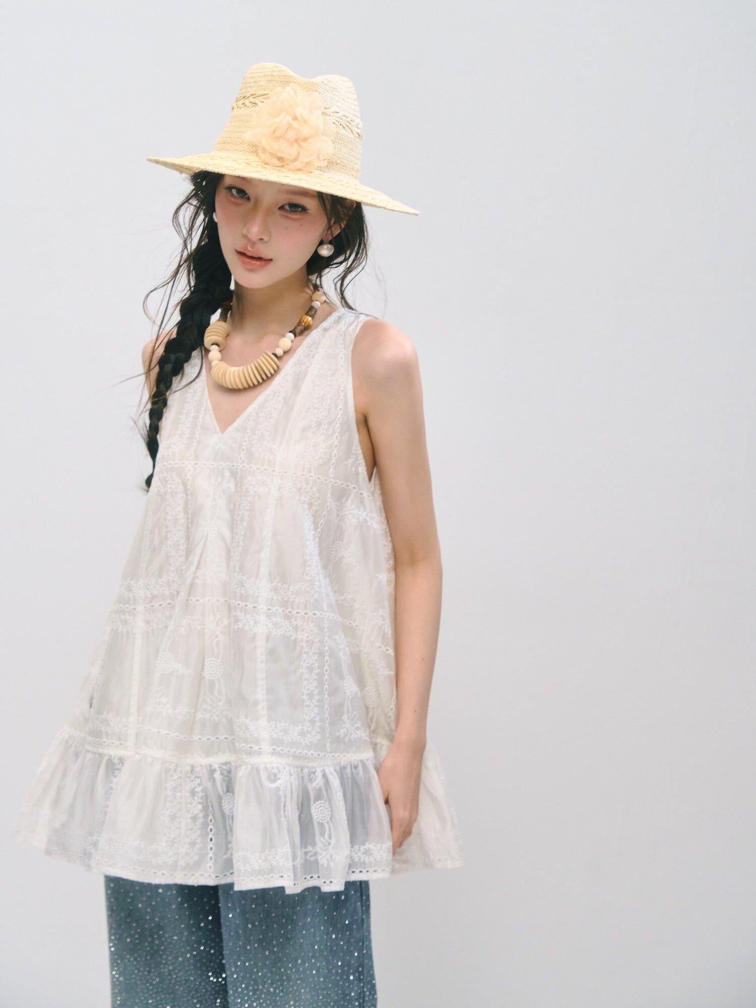 SOMESOWE Ruffled A Line Loose Fit Casual Round Neck Sleeveless Women Tank Tops