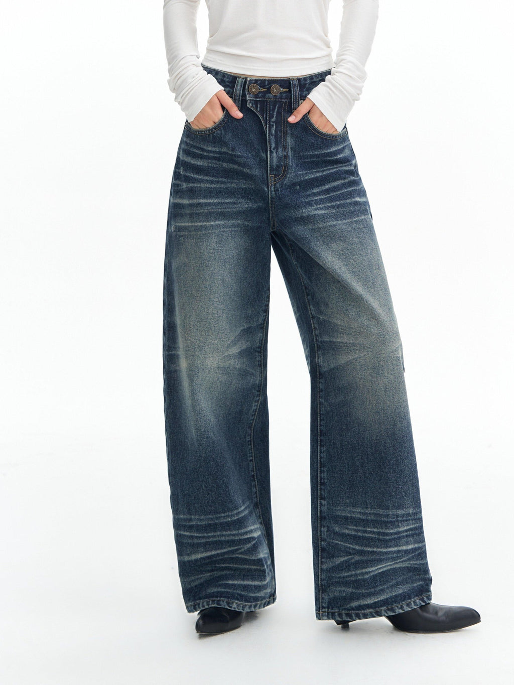 DeleteEx High Waist Mid Stretch Vintage Washed Loose Women Deep Blue Wide Leg Jeans