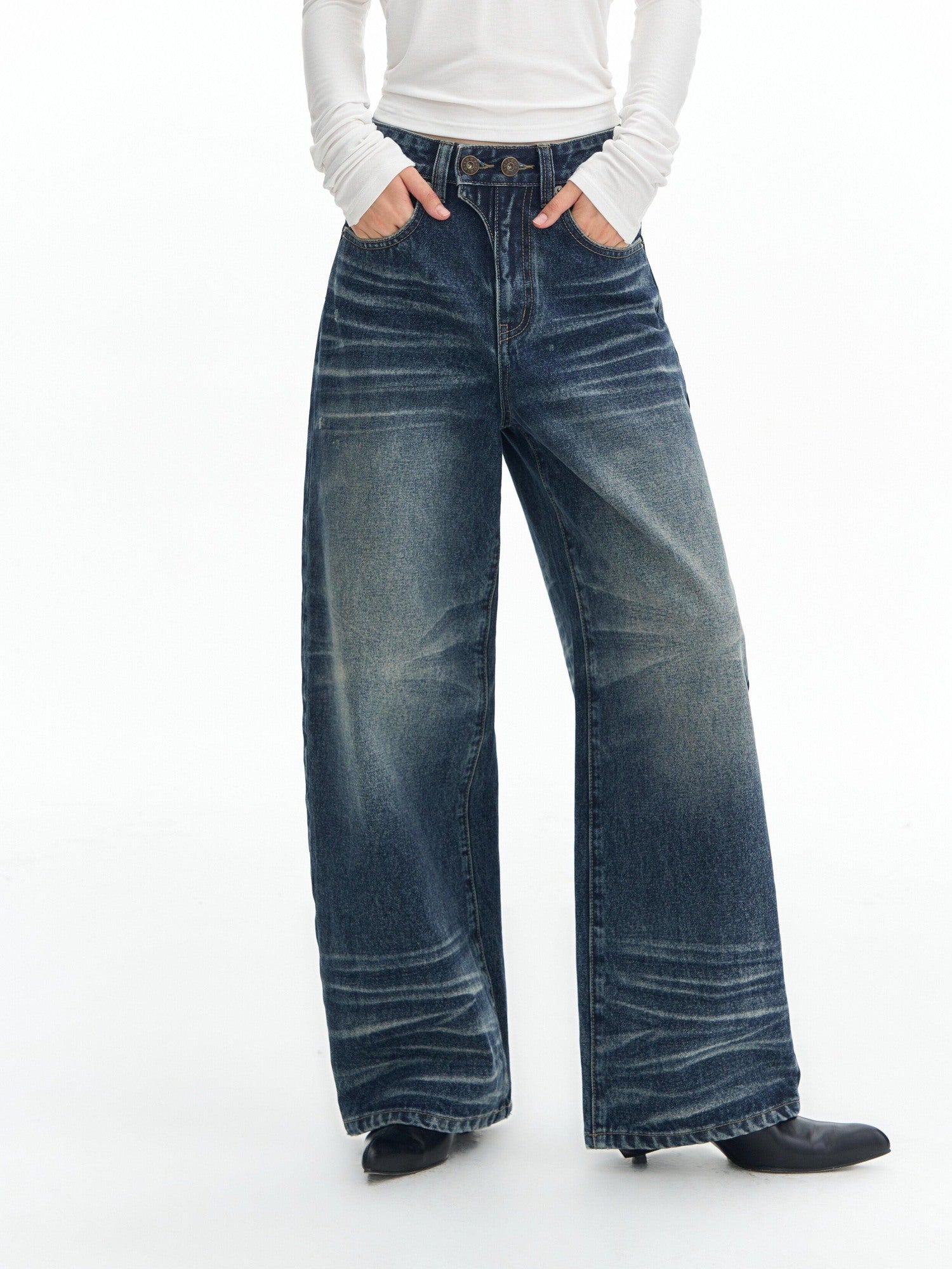 DeleteEx High Waist Mid Stretch Vintage Washed Loose Women Deep Blue Wide Leg Jeans