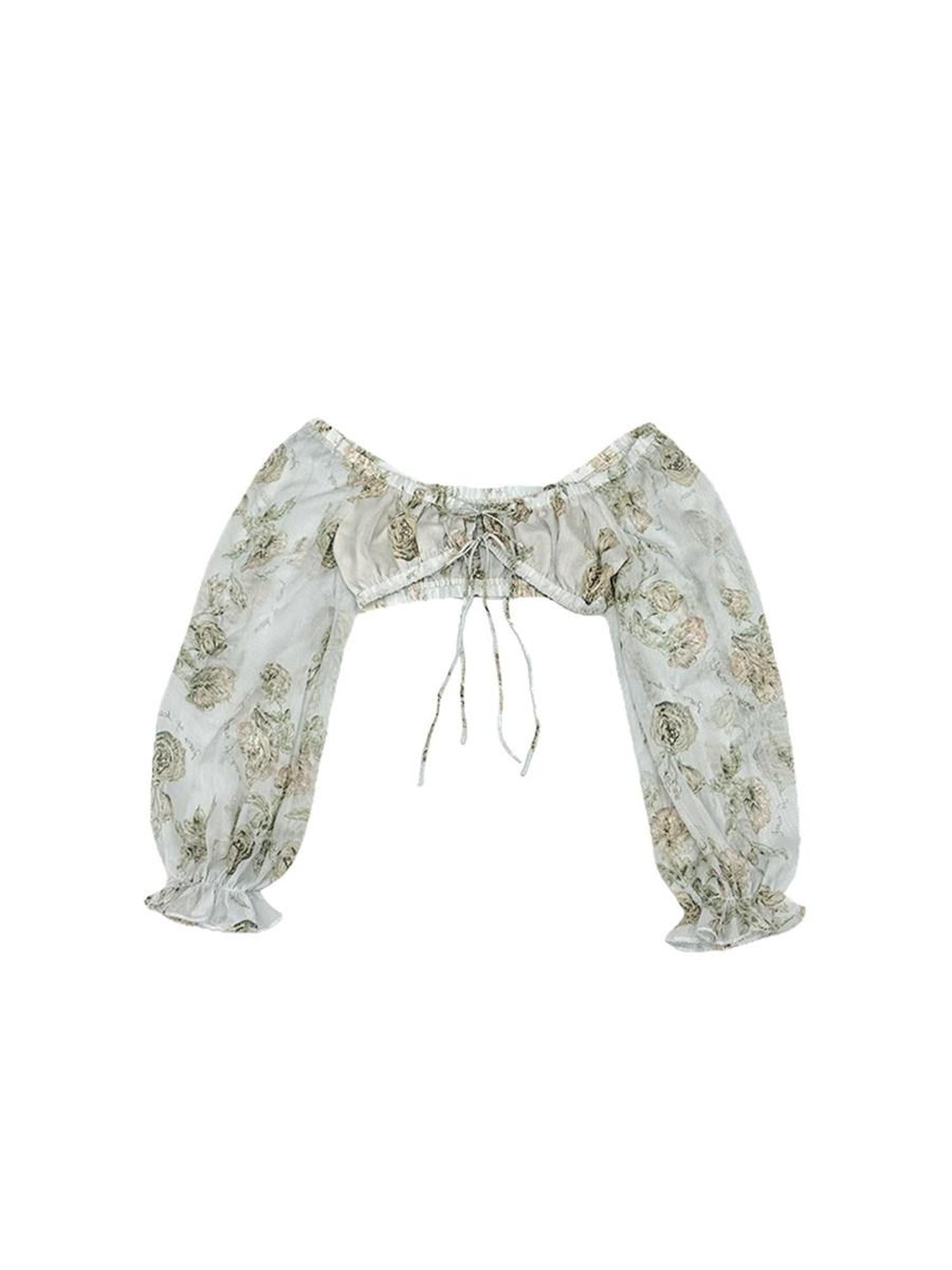 DeleteEx High Waist Square Neck Puff Sleeve Green Print Long Sleeve Crop Tops