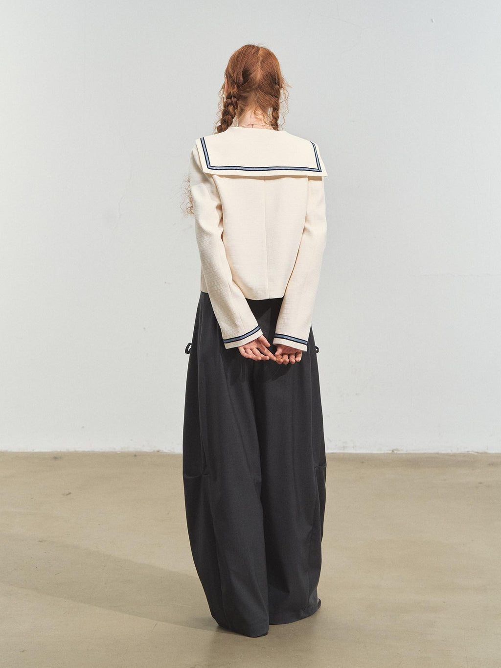 SOMESOWE Shape Retention Navy Inspired Tweed Relaxed Stand Collar Women White Short Coat