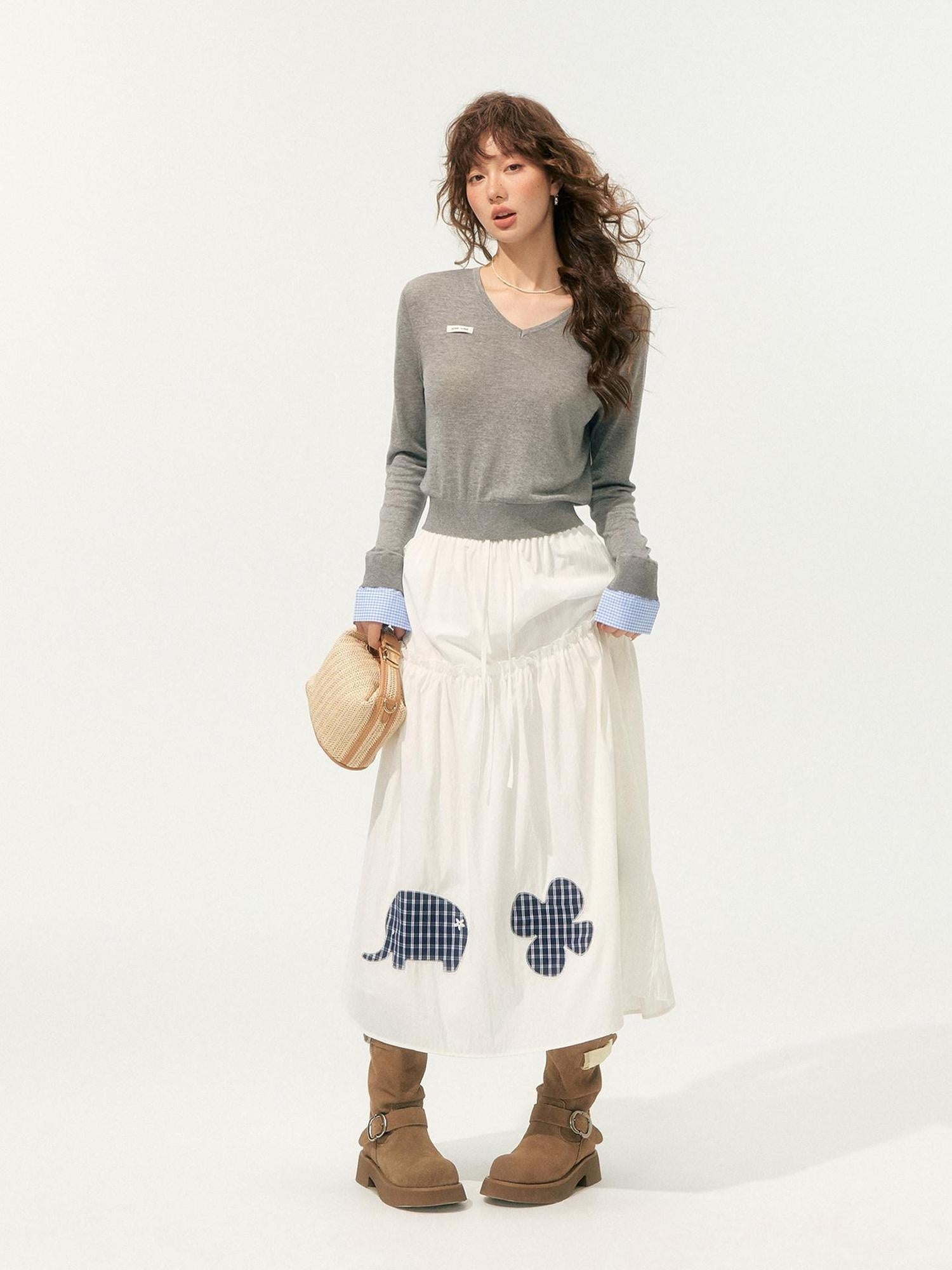 SOMESOWE High Waist French A Line Patch Detail Loose Fit Casual White Maxi Skirts