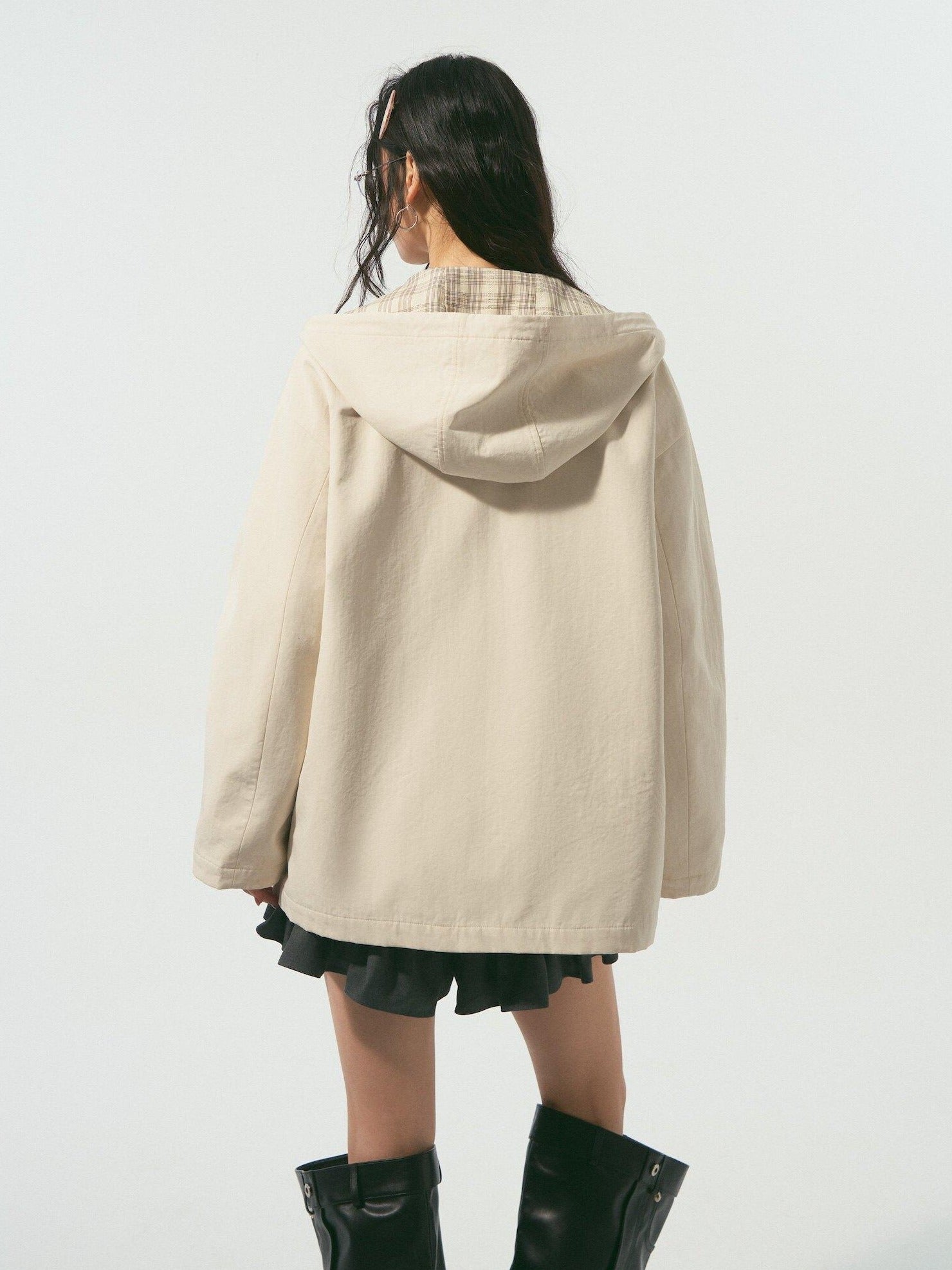 SOMESOWE Versatile Hooded Mid Length Loose Fit Women Plaid Polyester Jackets
