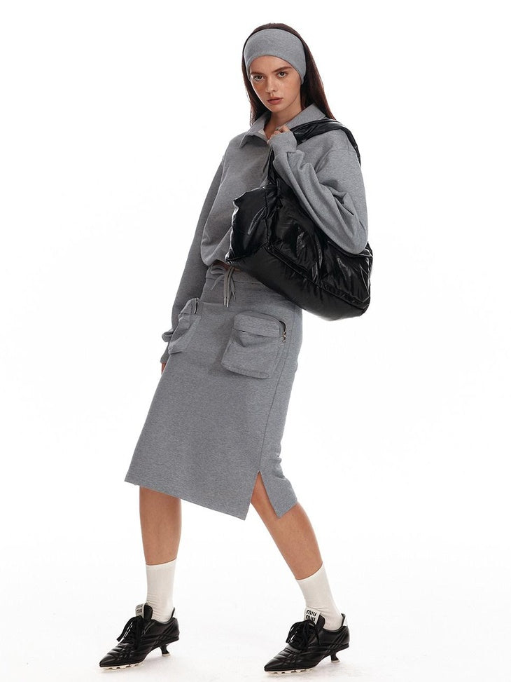 ALINNVSTUDIO Cropped Loose Fit Polo Collar Long Sleeve Commuter Solid Color Sweatshirt