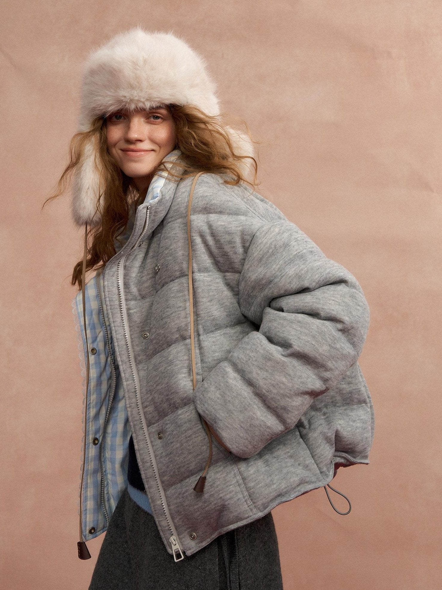 SOMESOWE Warm 90 Percent Duck Down Patchwork Plaid Lapel Zip Women Grey Down Jackets