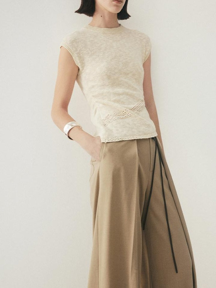 someonesometimes High Waist Stretch Belt Detail Minimalist Polyester Blend Women Wide Leg Pants