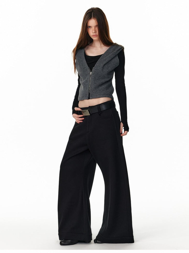 ALINNVSTUDIO Vintage Faux Layered Hooded Zip Knit Short Length Women Black Gray Cardigans