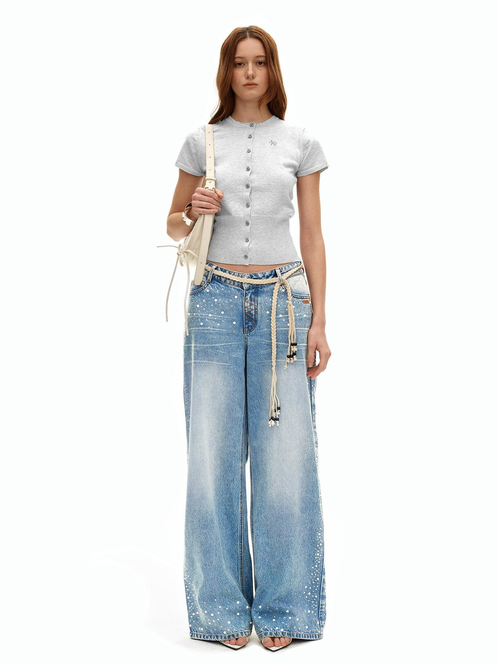 NAWSNOTAWEAR Rhinestone Embellished Vintage Low Waist Glacier Blue Wide Leg Jeans