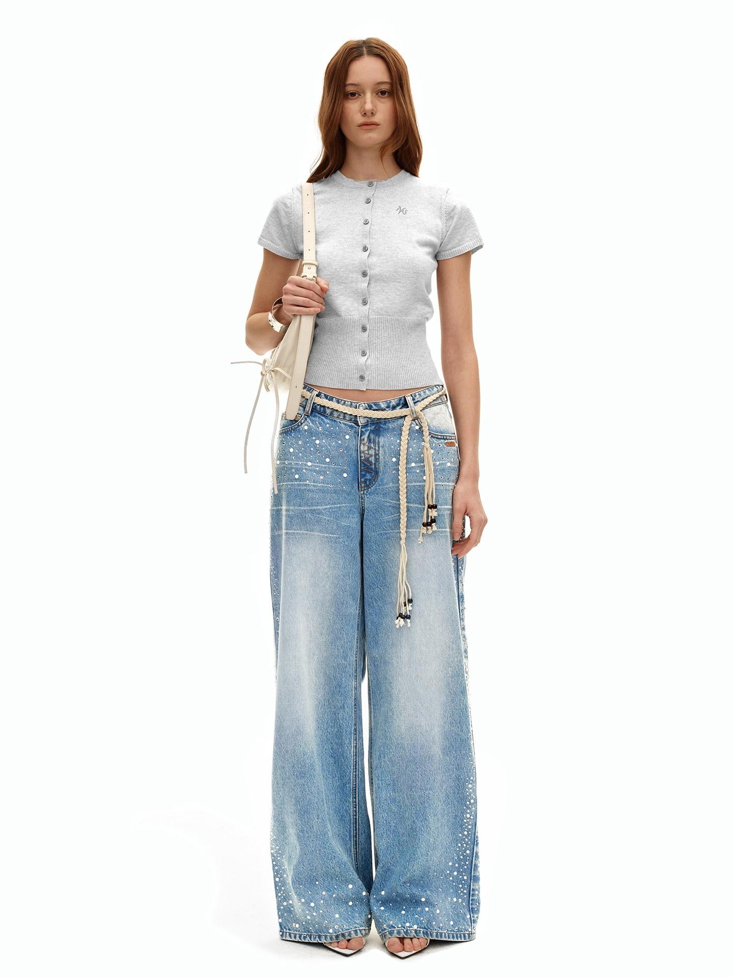 NAWSNOTAWEAR Rhinestone Embellished Vintage Low Waist Glacier Blue Wide Leg Jeans