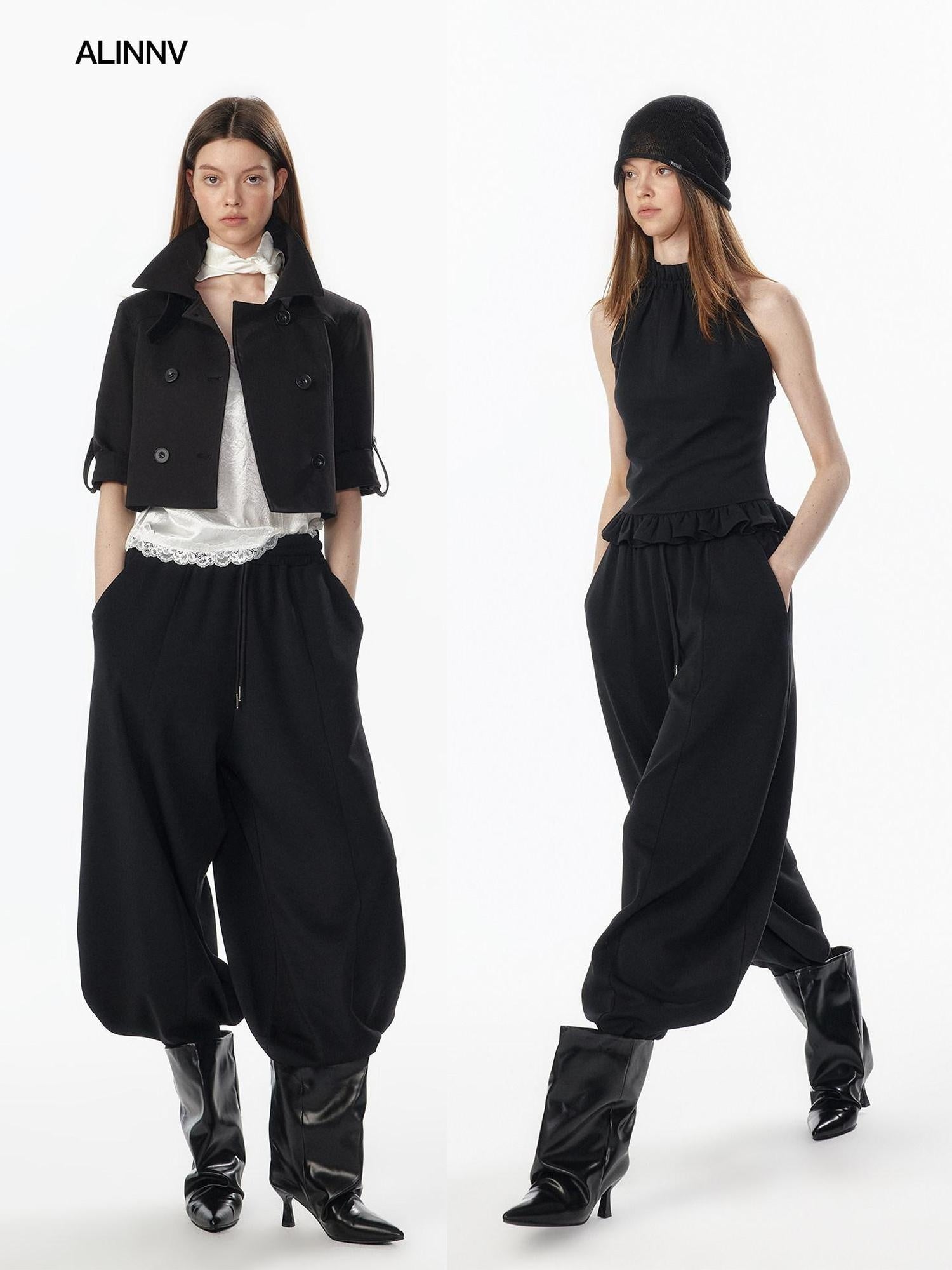 ALINNVSTUDIO Breathable Modal Loose Balloon Split Hem Natural Waist Women Black Sweatpants