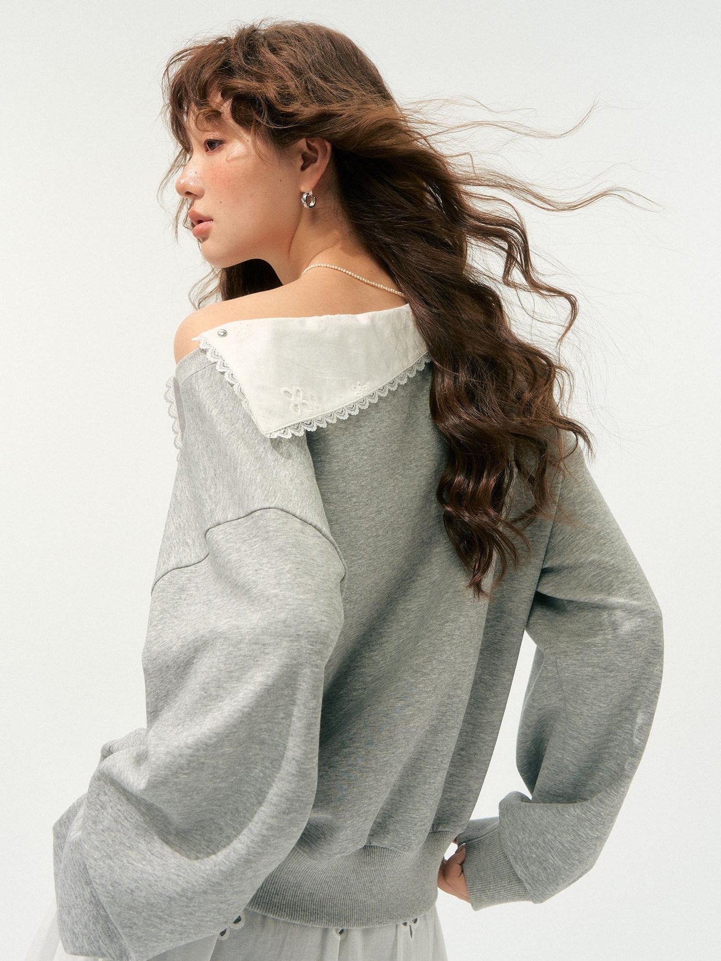 SOMESOWE Patchwork Cropped Oversized Collared Sweatshirt Heather Grey Top & Pants Sets