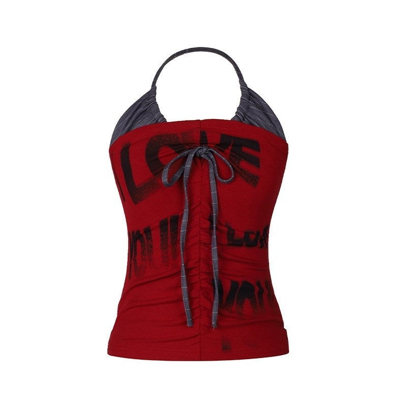 DeleteEx_Hand_Painted_Halter_Fake_Two_Piece_Slim_Fit_Crop_Cotton_Blend_Sky_Blue_Camisoles_MISSTT