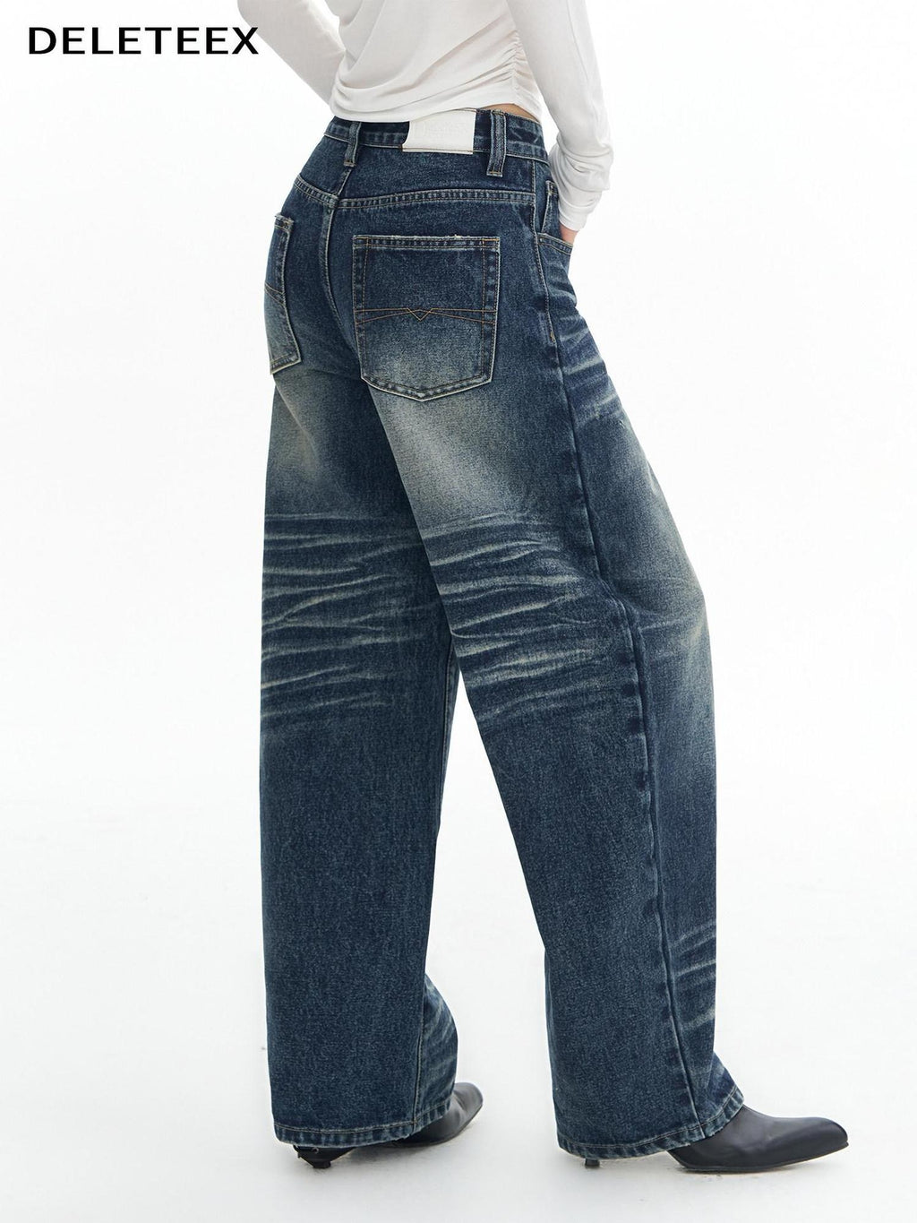 DeleteEx High Waist Mid Stretch Vintage Washed Loose Women Deep Blue Wide Leg Jeans