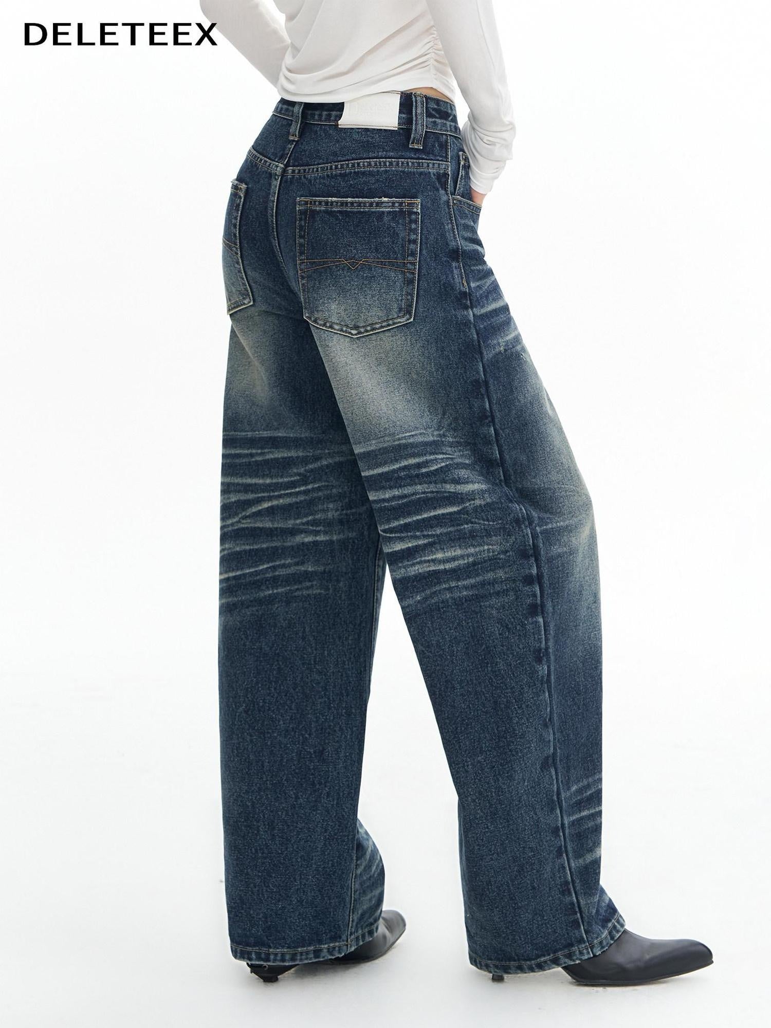 DeleteEx High Waist Mid Stretch Vintage Washed Loose Women Deep Blue Wide Leg Jeans