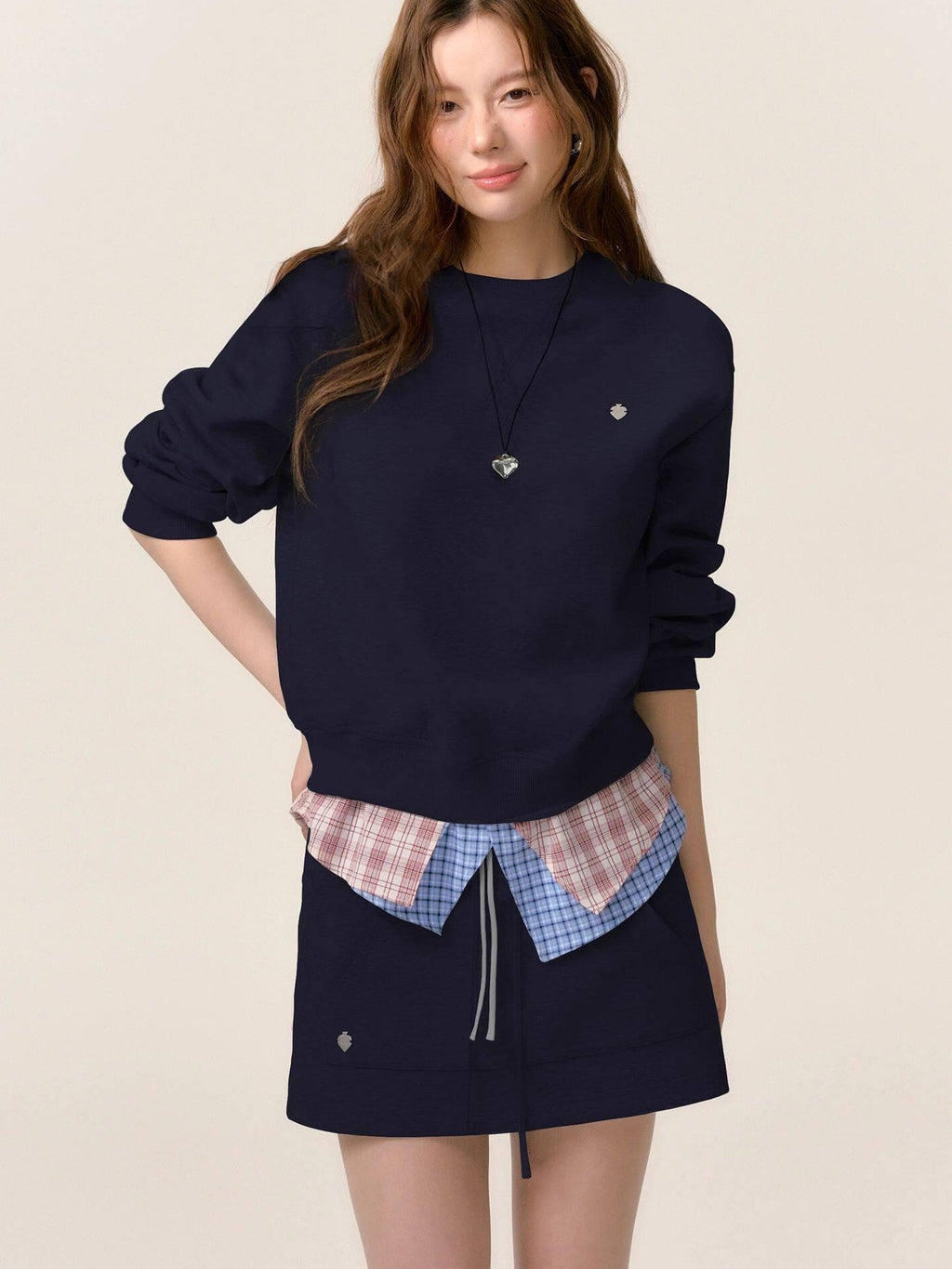 SOMESOWE Cotton Crew Long Sleeve Casual Mini Skirt Women Gray Navy Top & Skirt Sets