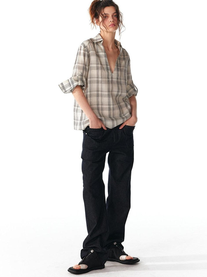 ALINNVSTUDIO Soft Lyocell Cupro Blend Oversized V-neck Button Front Plaid Casual Shirts