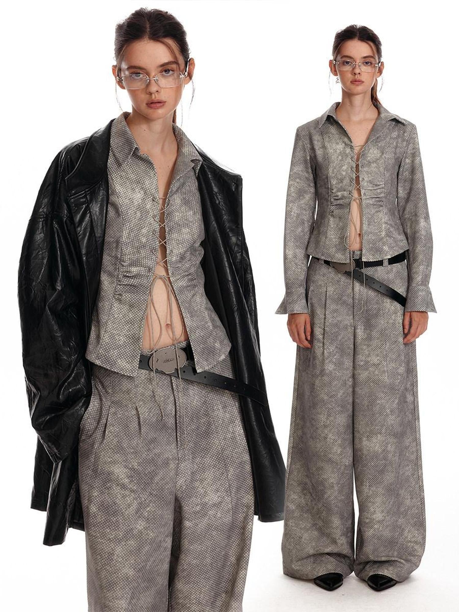ALINNVSTUDIO Button Down Collar Long Sleeve Tailored Long Pants Youth Top & Pants Sets