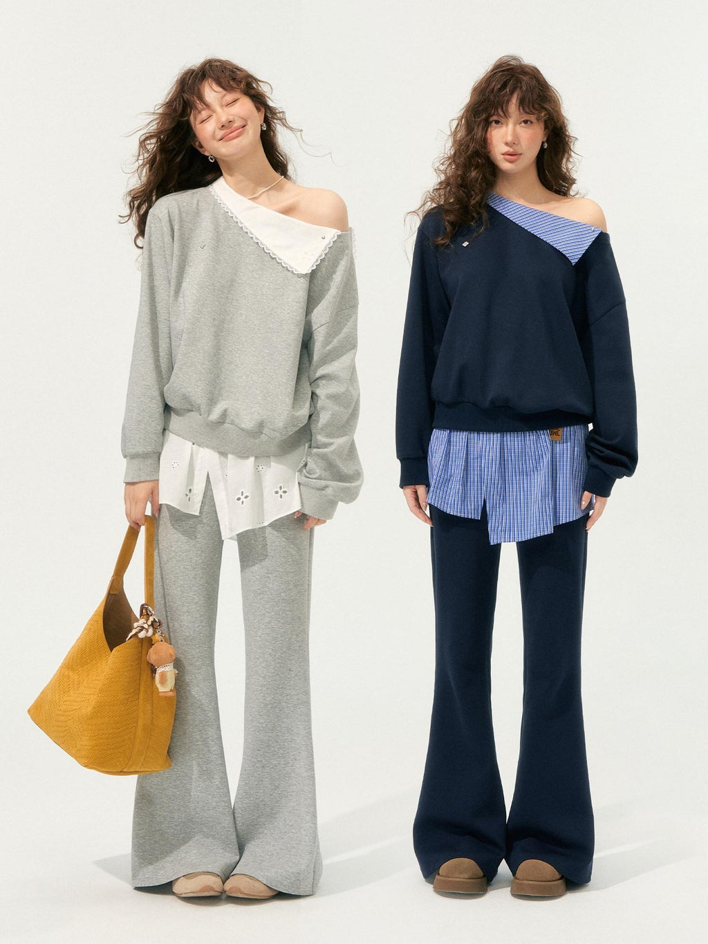 SOMESOWE Patchwork Cropped Oversized Collared Sweatshirt Heather Grey Top & Pants Sets