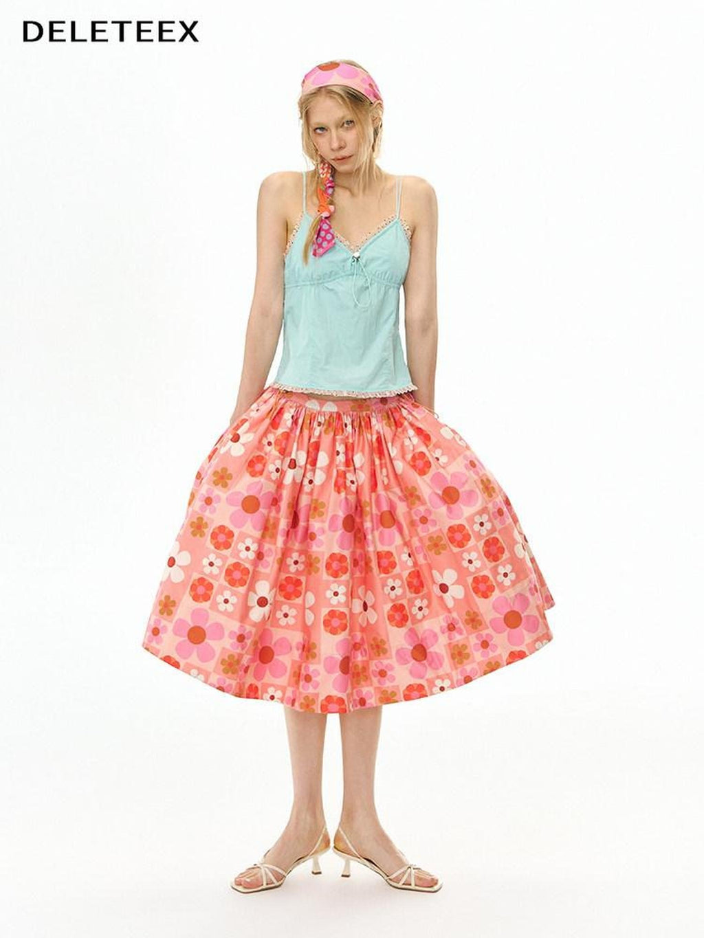 DeleteEx Flattering High Waist A Line Orange Red Floral Polyester Women Midi Skirts