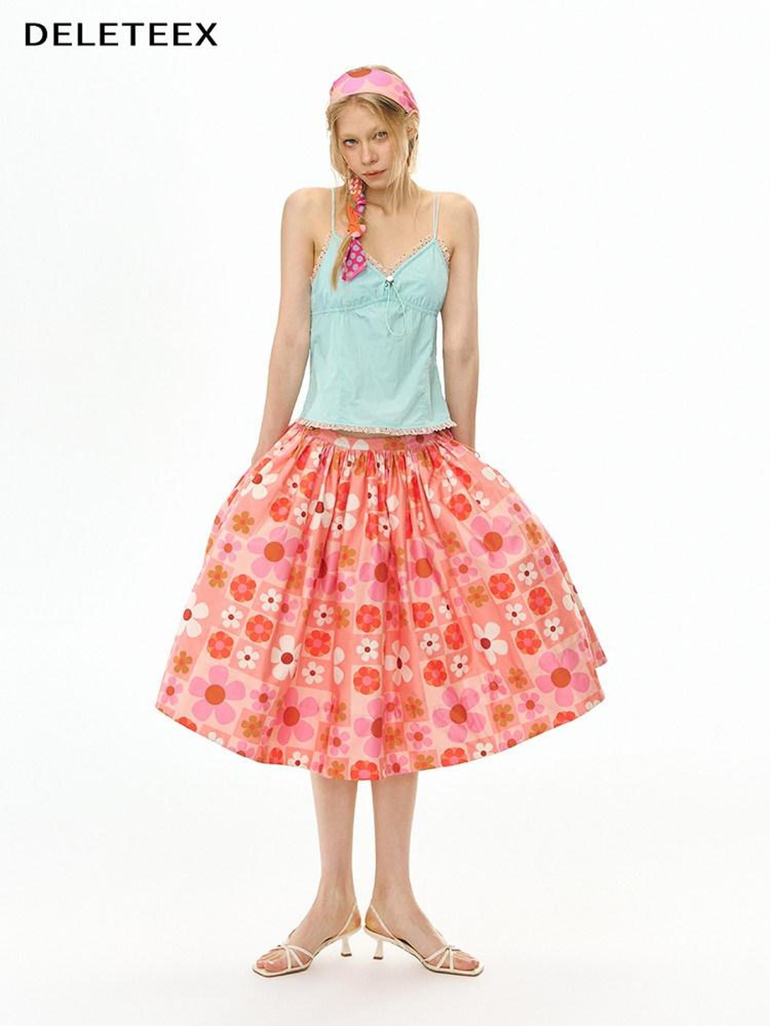 DeleteEx Flattering High Waist A Line Orange Red Floral Polyester Women Midi Skirts