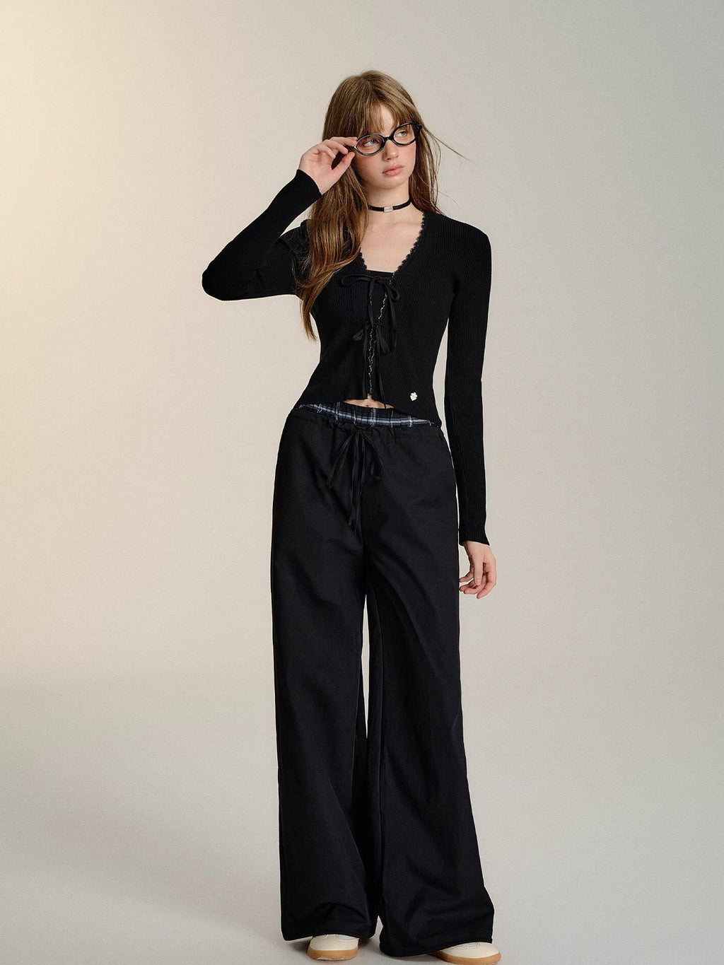 SOMESOWE Minimalist Double Waist Drawstring Natural Waist Office Women Wide Leg Pants