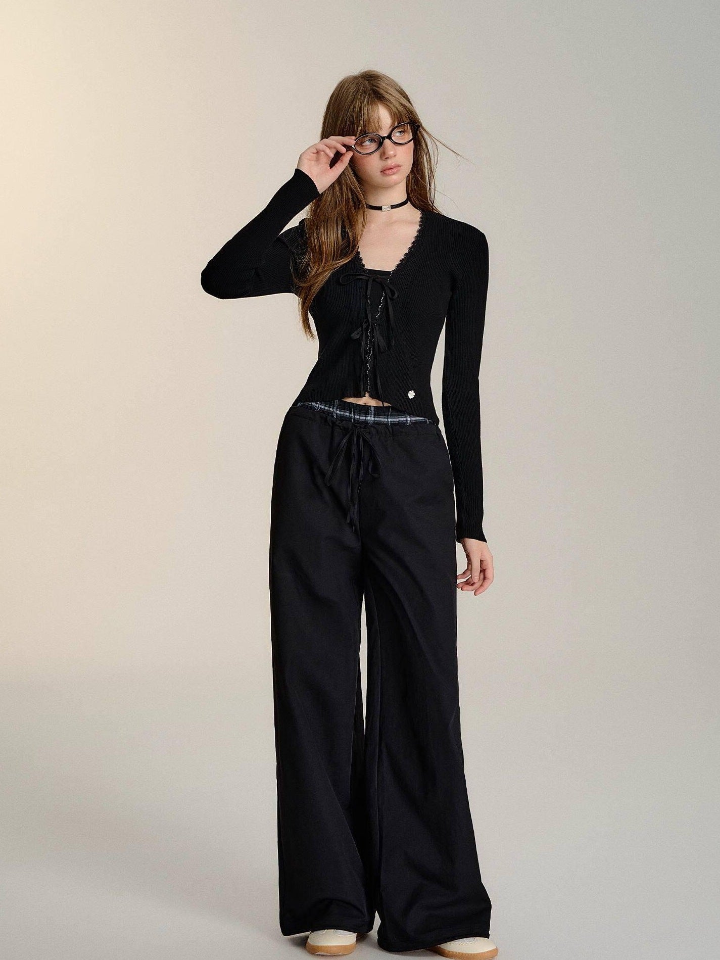 SOMESOWE Minimalist Double Waist Drawstring Natural Waist Office Women Wide Leg Pants