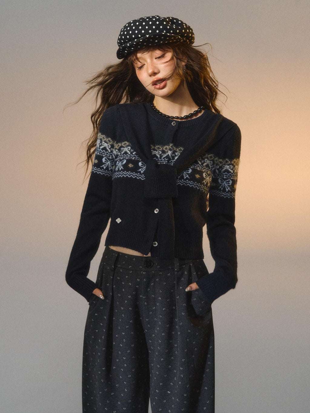 SOMESOWE Minimal Commuter V-neck Button Bow Detail Layered Look Women Navy Knit Cardigans