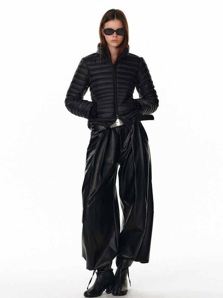 ALINNVSTUDIO Pu Leather Utility Natural Waist Curved Seam Black Women Wide Leg Pants