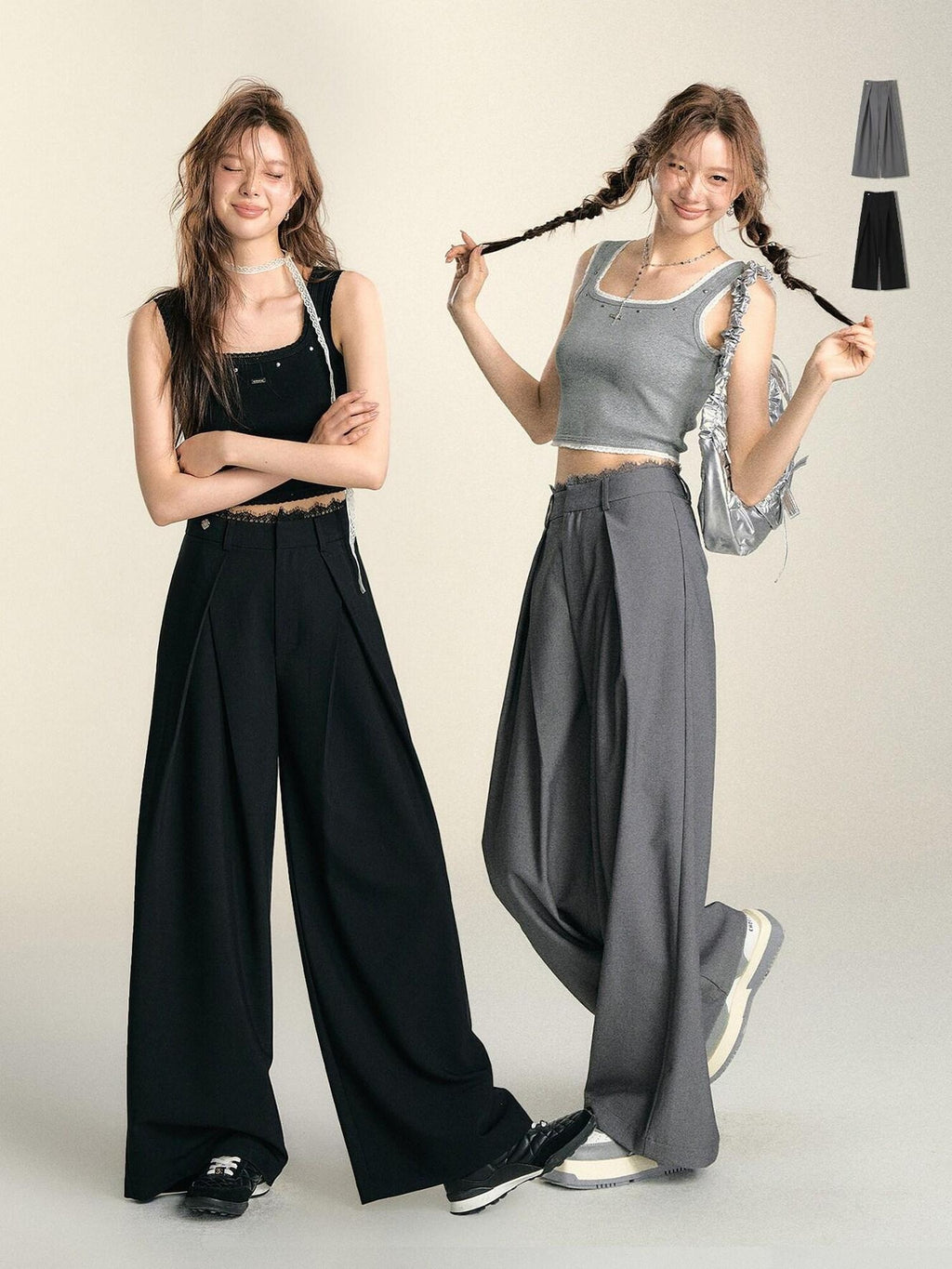 SOMESOWE Casual Lace Trim Patchwork Pocket Relaxed Natural Waist Women Wide Leg Pants