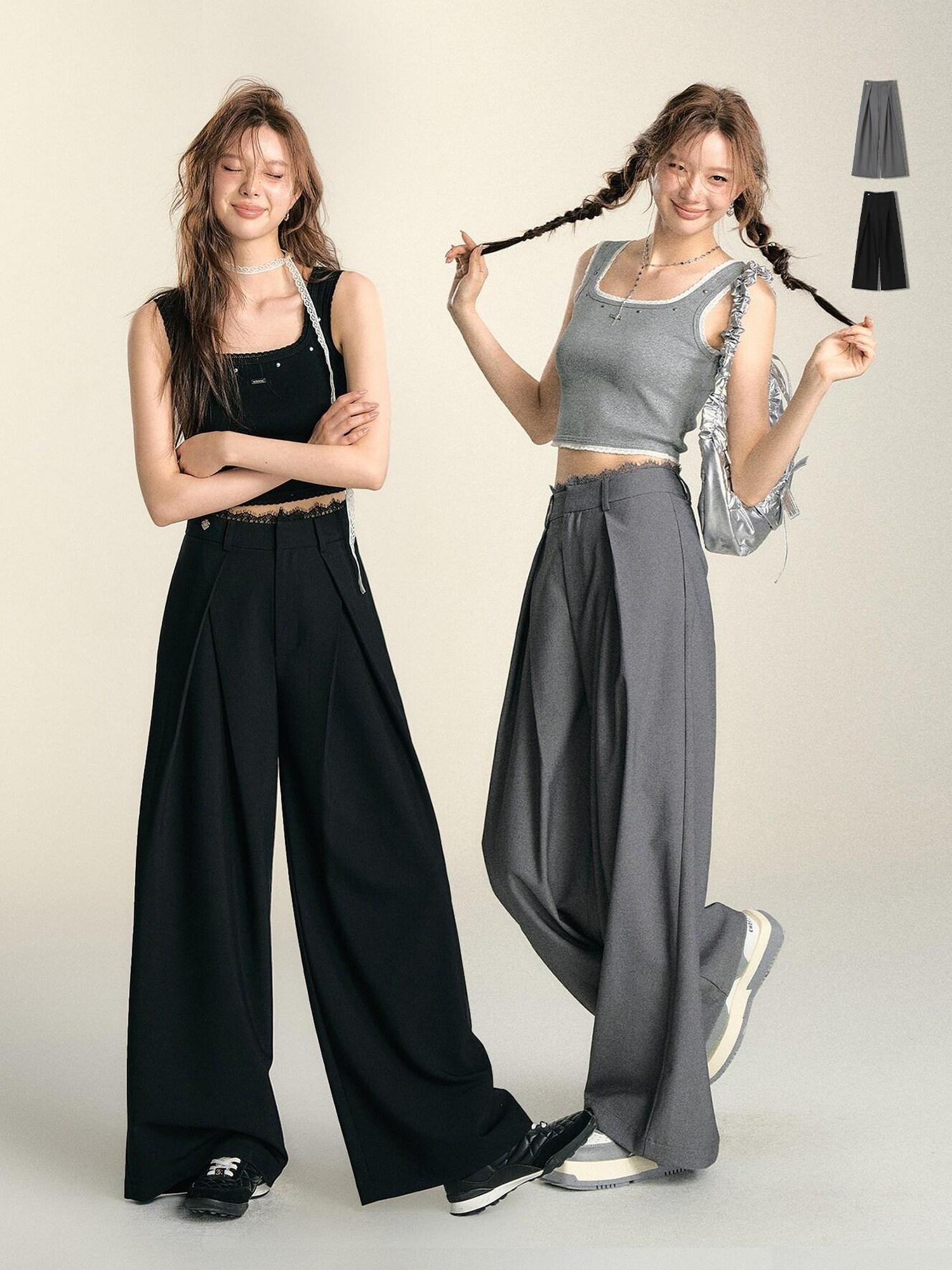 SOMESOWE Casual Lace Trim Patchwork Pocket Relaxed Natural Waist Women Wide Leg Pants