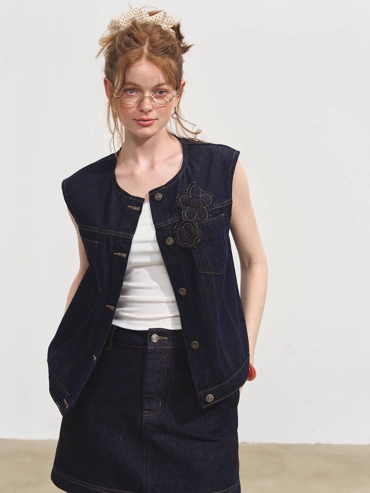 SOMESOWE Soft Cotton Short Sleeve Round Neck Casual Women Denim Lace Top & Skirt Sets