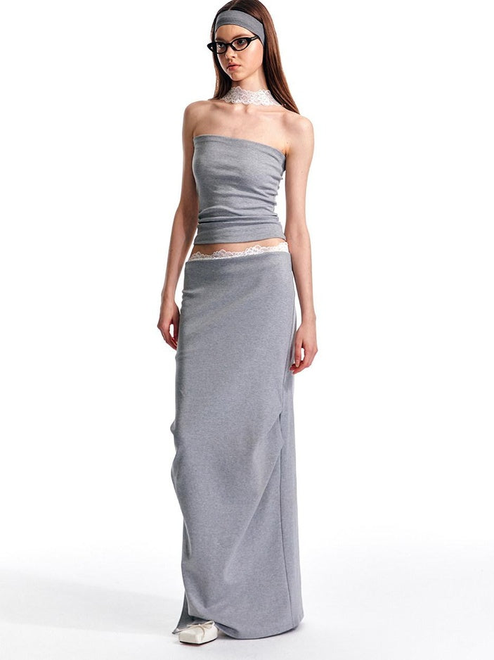 ALINNVSTUDIO Lace Knit Mid Waist Bodycon Slim Fit Youthful Black Grey Maxi Skirts
