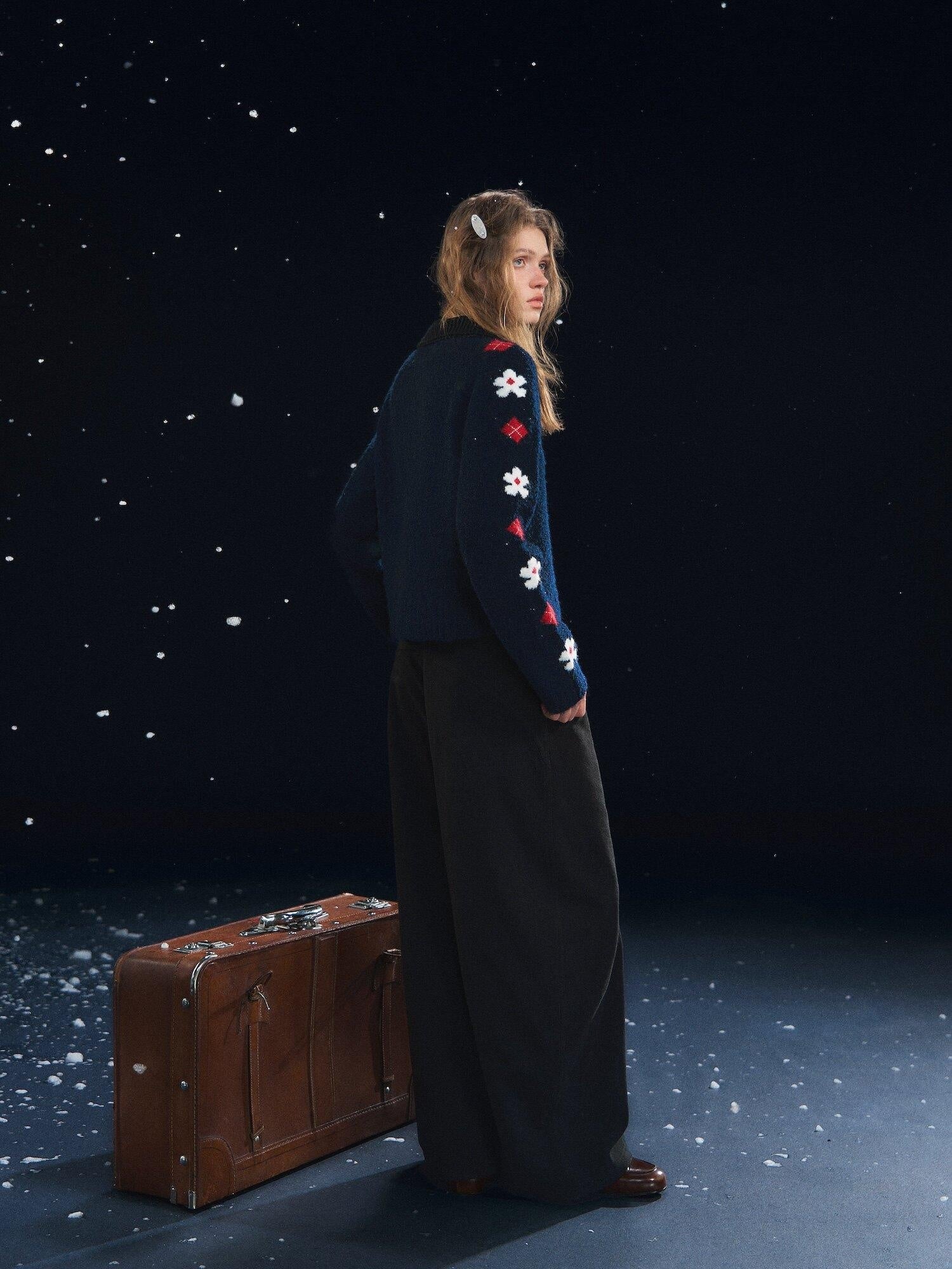 SOMESOWE Floral Embroidered Vintage Lapel Button Navy Long Sleeve Casual Women Cardigans