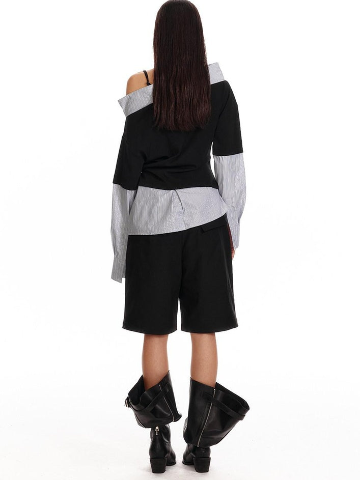 ALINNVSTUDIO Original Loose Slant Collar Cotton Stretch Pullover Women Long Sleeve T-Shirts